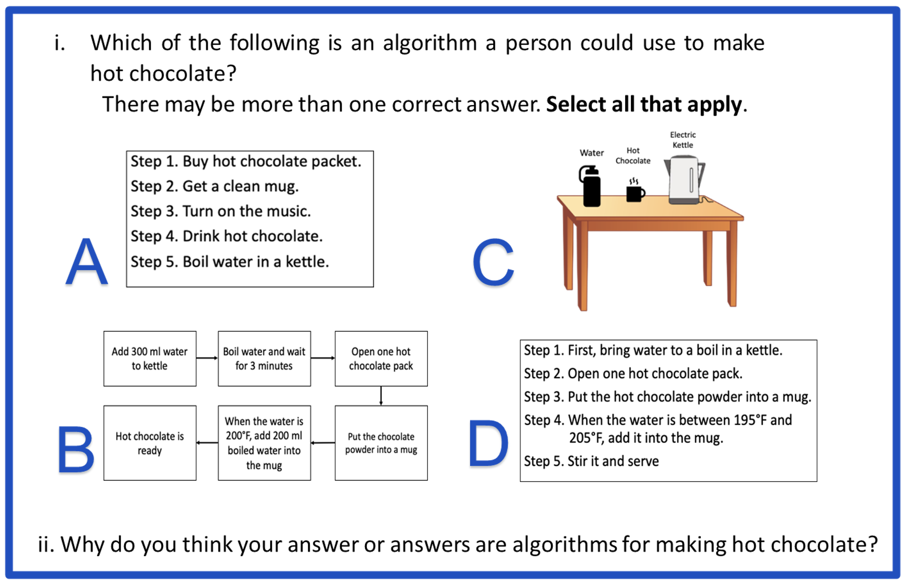 Screenshot of example of a formative assessment task for the Algorithms standard, targeting students’ understanding of what an algorithm is